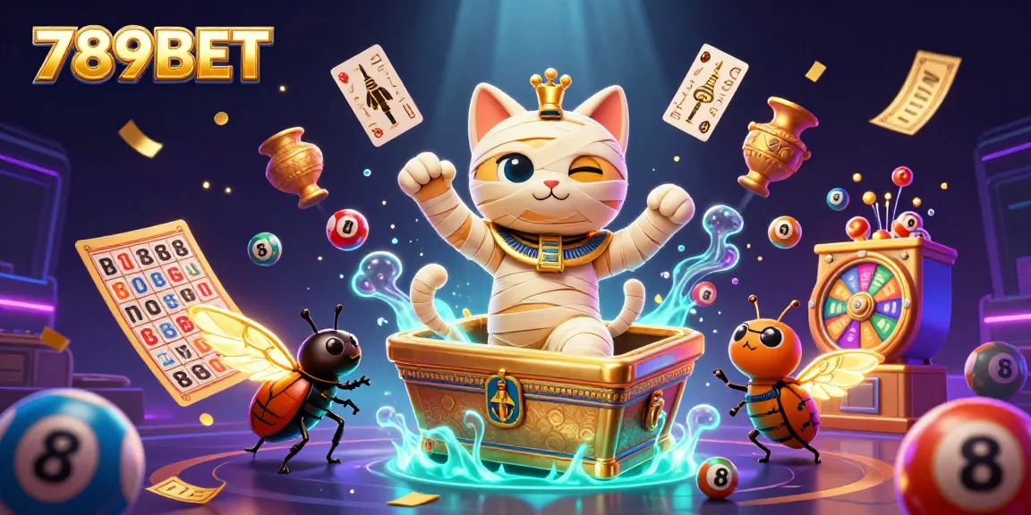 Engage with 789BET's vibrant 3D casino illustration showcasing a mummy cat and companions against a dynamic casino background.