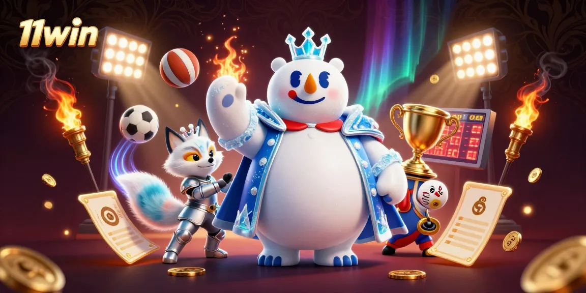 Bet on thrilling sports at 11win with an ultra-detailed scene featuring a polar bear and snow fox surrounded by dynamic game elements.