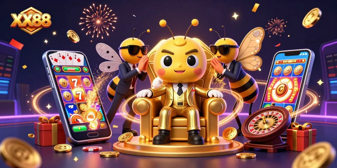 Experience the thrilling world of XX88 with an engaging scene depicting a cartoon mob boss, slot games, and celebratory elements.