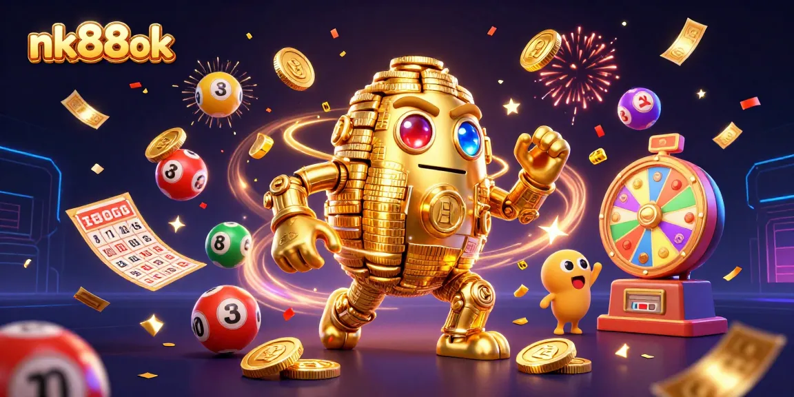Experience the excitement of nk88ok with vibrant gambling elements and a golden golem.