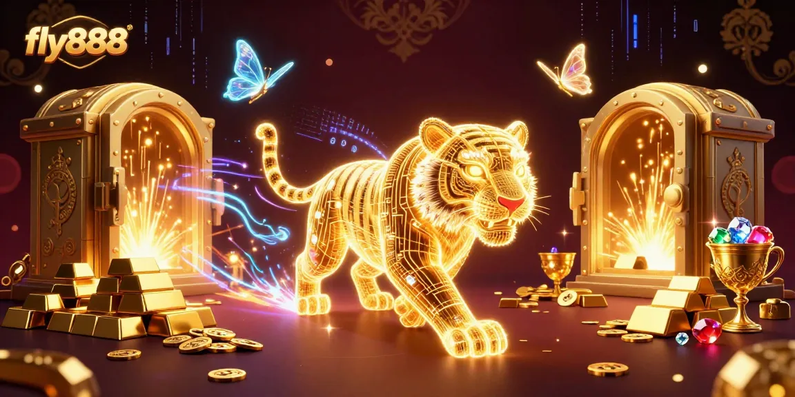 Experience the vibrant excitement of fly888 in this ultra-detailed casino scene with a golden tiger.