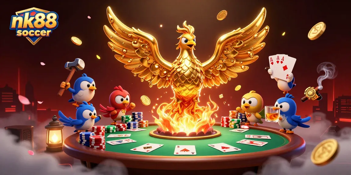 Play thrilling games at nk88 soccer, featuring a golden phoenix surrounded by vibrant casino elements.
