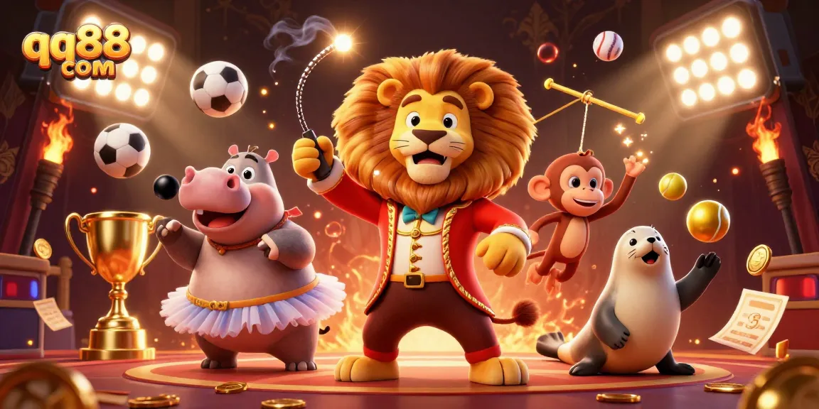 Experience thrilling gaming with QQ88 com in a lively 3D carnival scene full of action.
