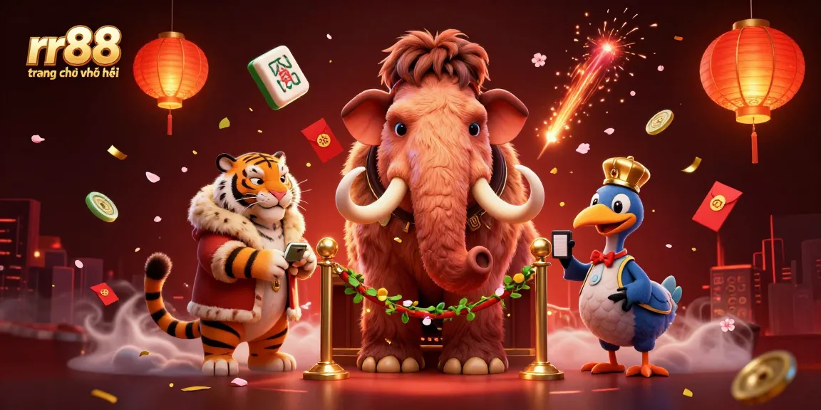 Experience the excitement at rr88 trang chủ chính thức with a cartoon mammoth bouncer and VIP guests in a vibrant casino scene.
