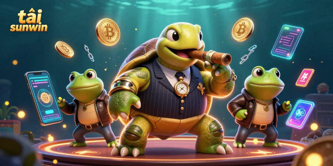 Engage with tải sunwin through this vibrant 3D casino scene featuring unique crypto elements and characters.