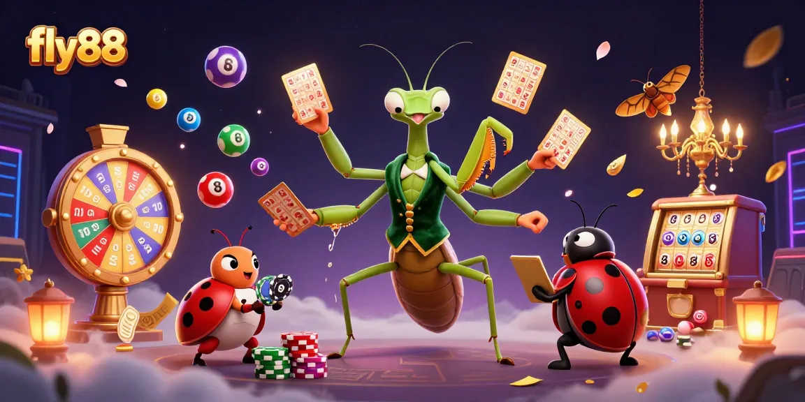 Engage in games at fly88 with a vibrant scene featuring a giant praying mantis card dealer and ladybug pit boss.