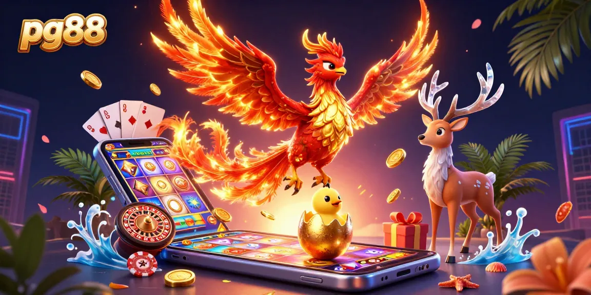 Witness pg88's vibrant gaming universe with fiery phoenix and mystical stag, showcasing thrilling slot action.