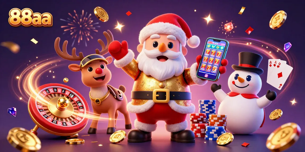 Spin to win with 88aa: Santa and friends celebrate jackpots in a dazzling casino.