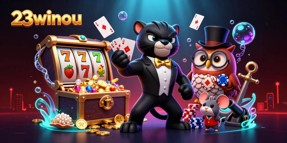 Experience 23winou's vibrant casino scene with a stylish panther, owl, and mouse celebrating wins.