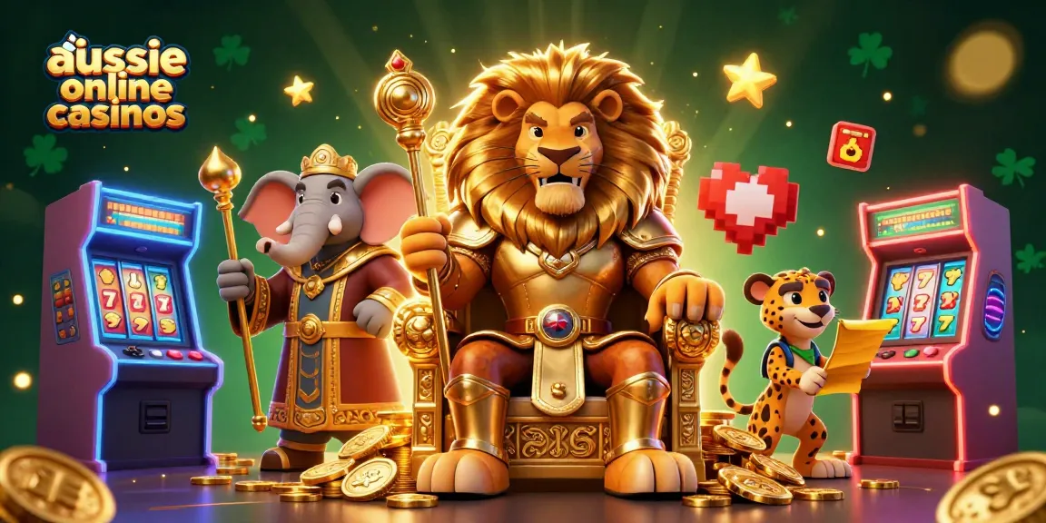 Aussie online casinos feature a lion king, elephant advisor, and cheetah in a vibrant casino scene.