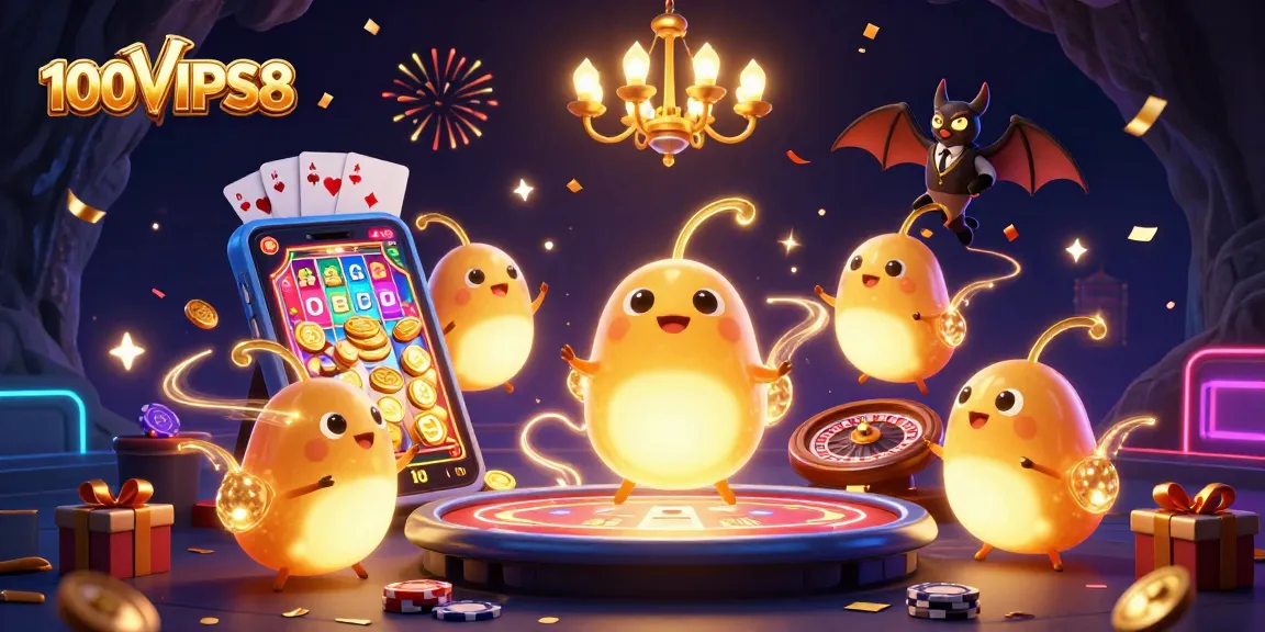 Engage in thrilling casino fun with 100VIPS8's glowworm team illuminating a vibrant gaming scene.