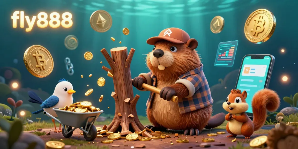 Engage with fly888's thrilling casino scene featuring a beaver collecting golden coins and crypto elements.