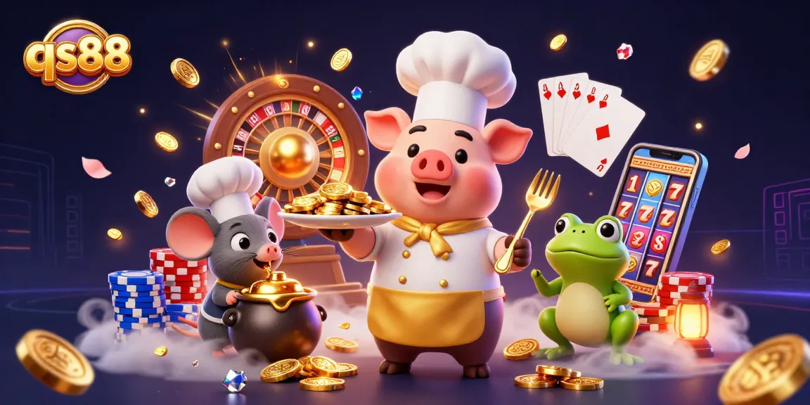 Experience the excitement at qs88 with golden coins and jewels in a vibrant casino scene.